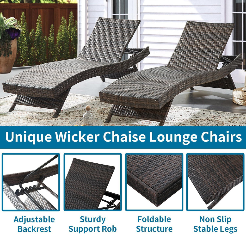 Outdoor Wicker Reclining Lounge Chairs Patio Rattan Chaise Lawn Sunbathing Chairs 79" Long Reclining Chairs, Set of 3 Chaise Longues + 1 Coffee Table