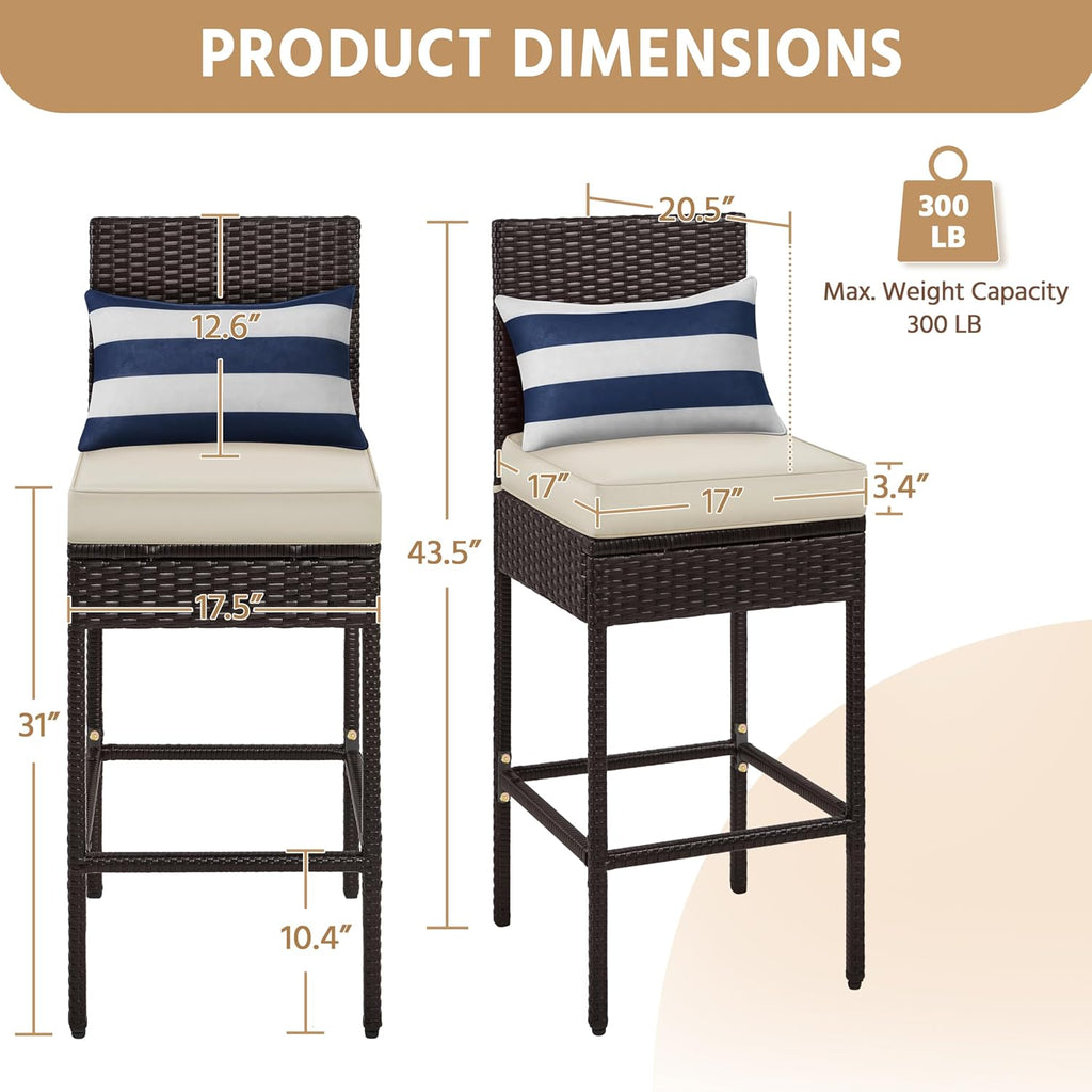 Yaheetech Set of 4 Patio Bar Stools, Outdoor PE Rattan Bar Height Chairs with Cushions & Footrests & Backrest for Indoor/Outdoor/Backyard/Porch, Max.Load 300Lb, Brown/Beige
