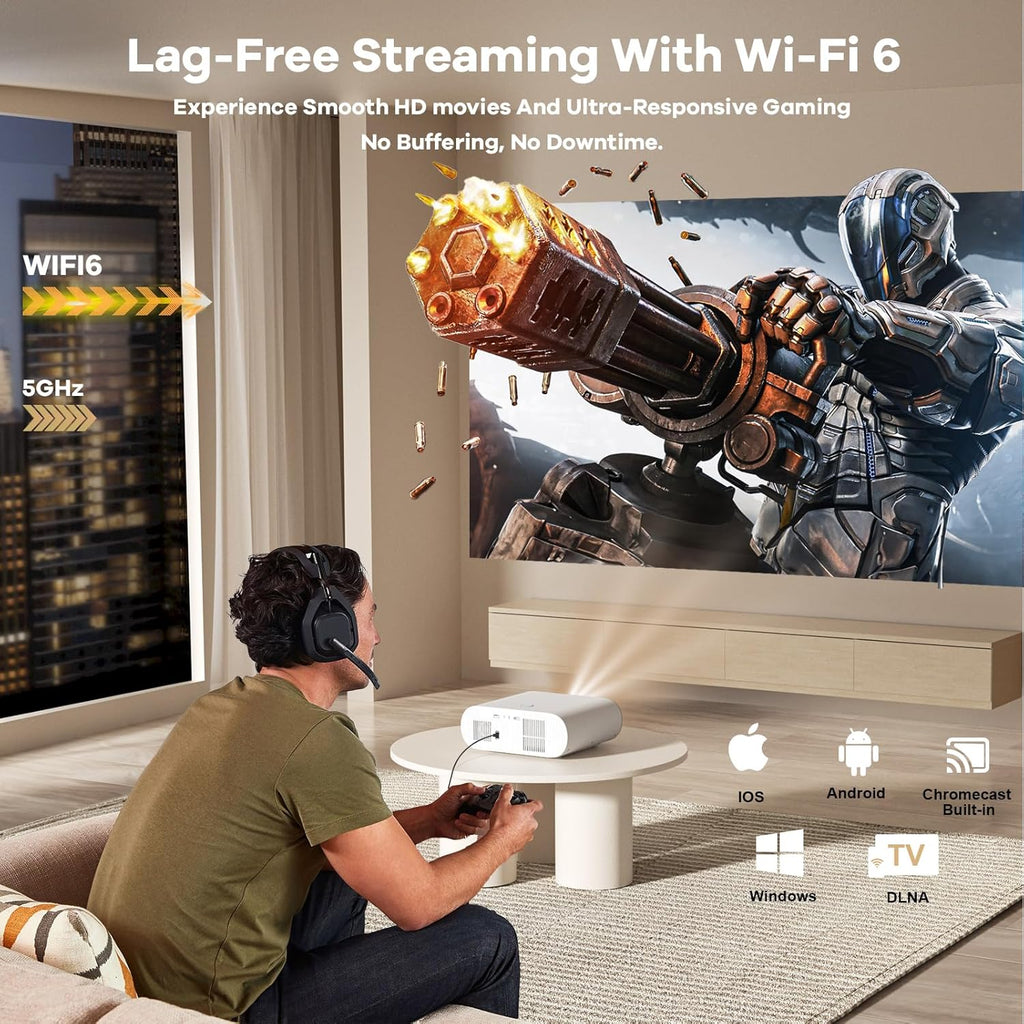 4K Projector with Google TV:3000 Brightness/Auto Lens Cap & 4D Keystone/Auto Focus & AI Voice Control, Sovboi Portable Outdoor Projector with WiFi & Bluetooth, Smart Movie Proyector for Streaming Apps