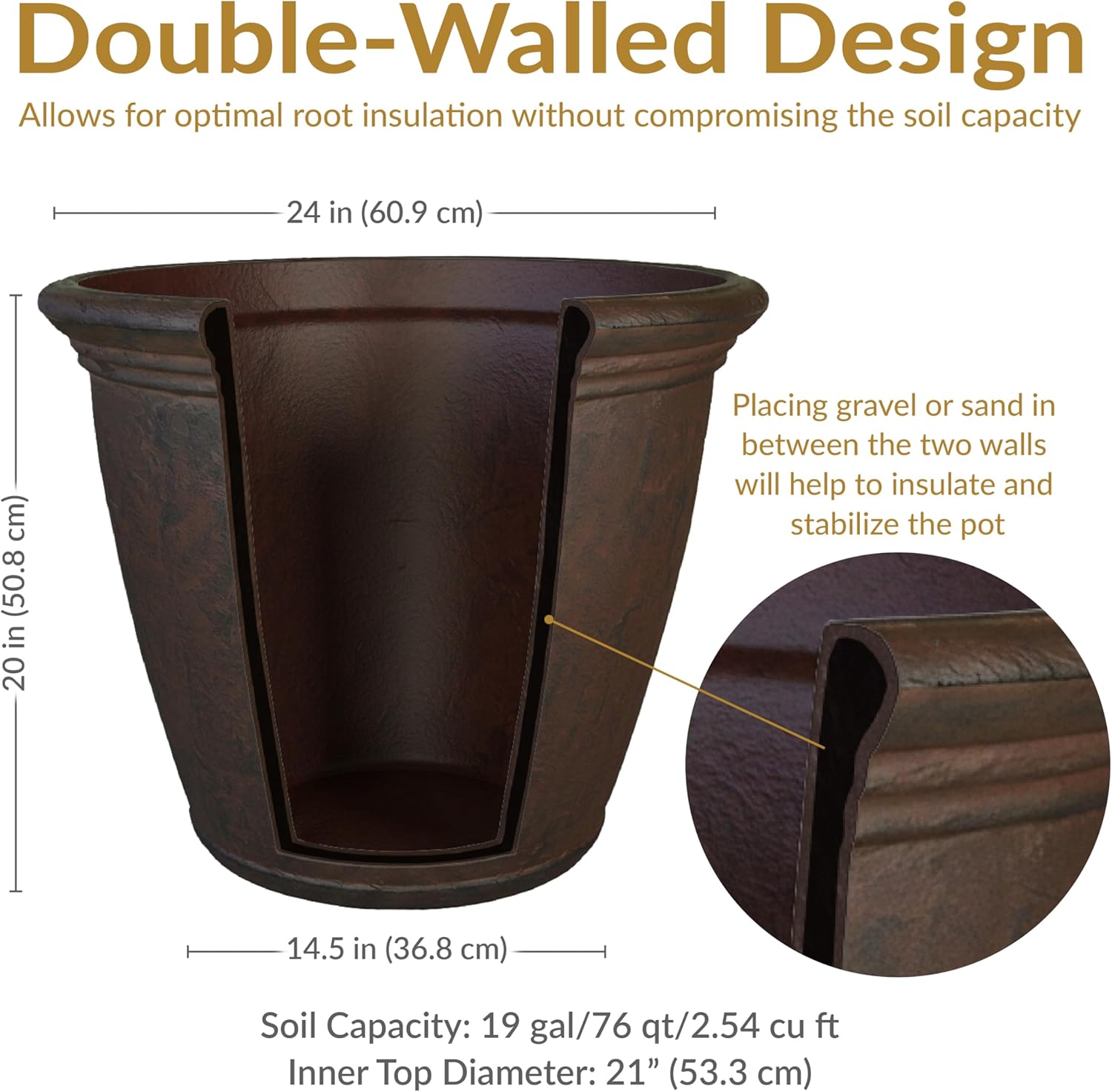 Sunnydaze 24-Inch Anjelica Large Plastic Pot for Plants - Outdoor Double-Walled Large Plastic Planter with Drillable Drainage Holes - Rust - 4pk