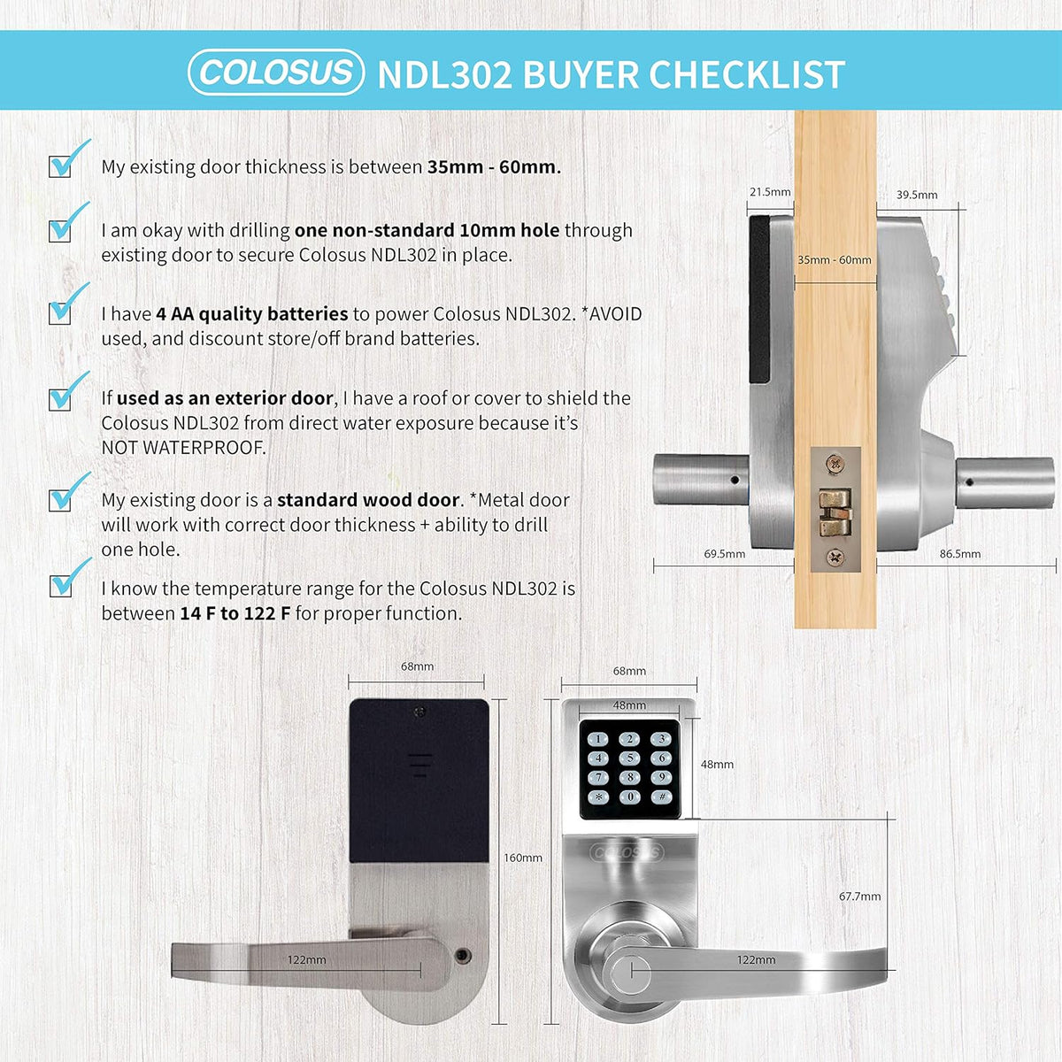 Electronic Smart Door Lock, Keyless Entry with Keypad, Key Fobs, Remote Control, Keys for Home, Office or Commercial, Silver NDL302