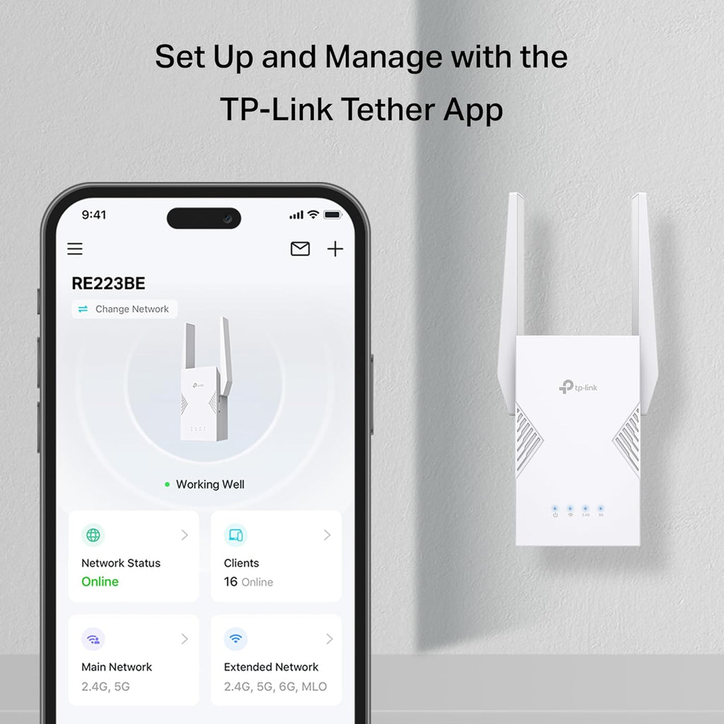 TP-Link BE3200 Wi-Fi 7 Range Extender RE223BE w/Ethernet Port | 3.2 Gbps Dual-Band Wireless Repeater | Internet Signal Booster for Home | Up to 2400 sq.ft, 64 Devices | MLO, EasyMesh | No 6 GHz Band