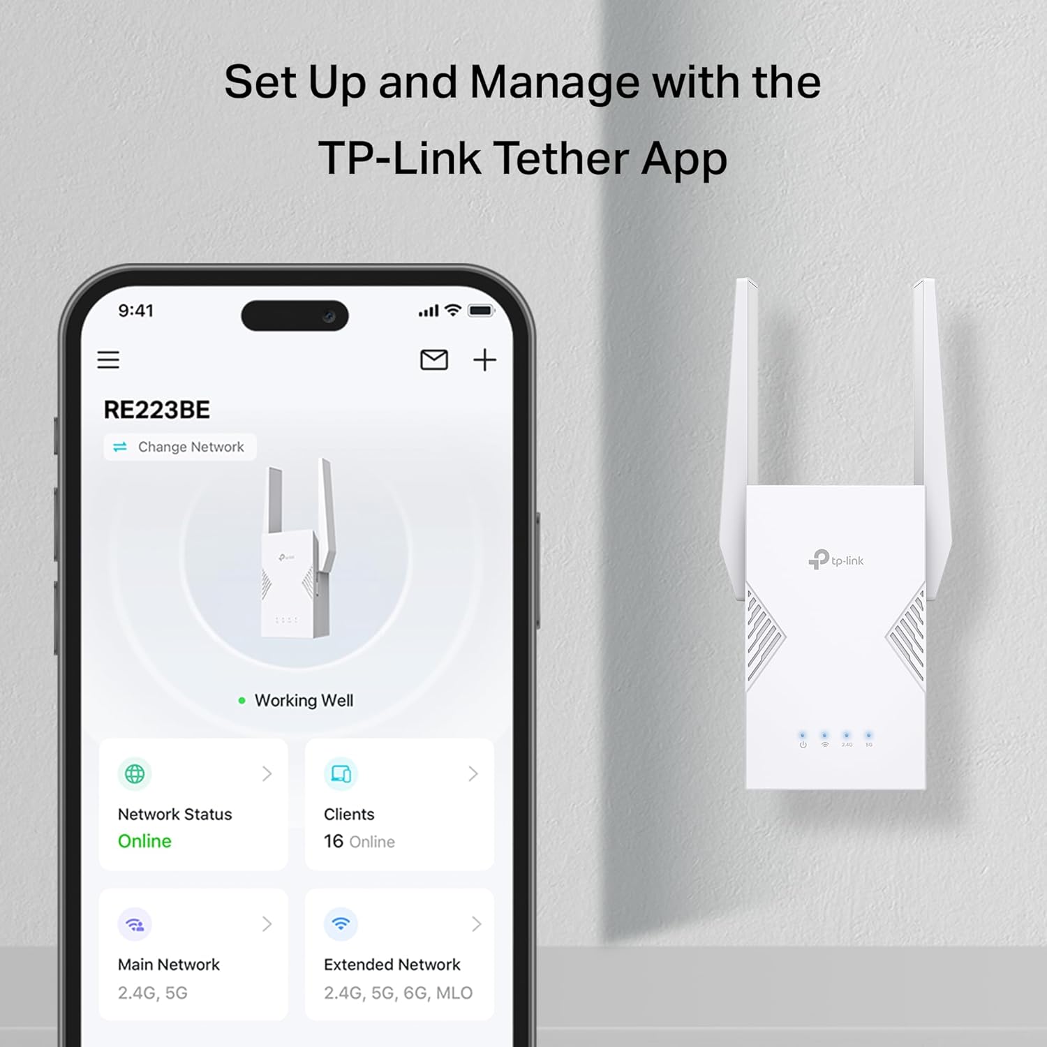 TP-Link BE3200 Wi-Fi 7 Range Extender RE223BE w/Ethernet Port | 3.2 Gbps Dual-Band Wireless Repeater | Internet Signal Booster for Home | Up to 2400 sq.ft, 64 Devices | MLO, EasyMesh | No 6 GHz Band