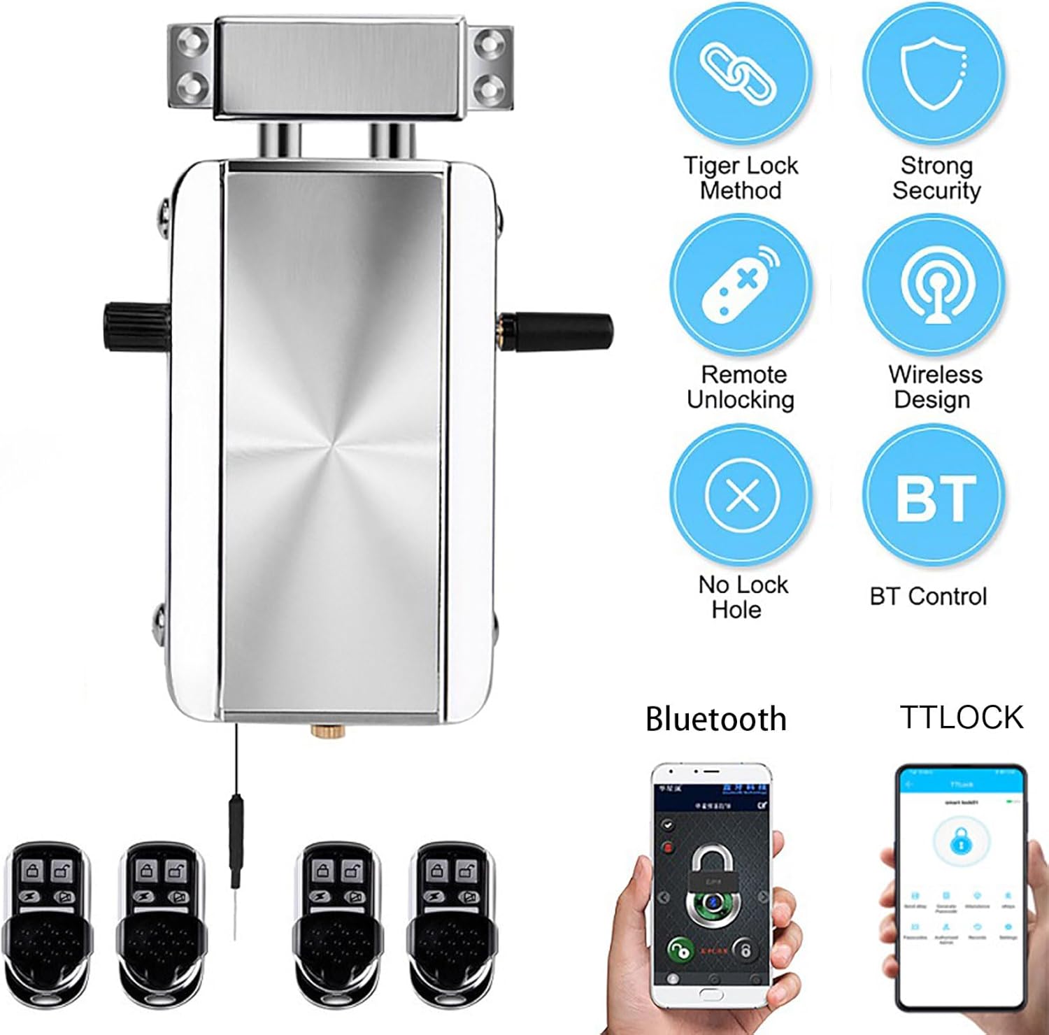 Electronic Door Lock, Zinc Alloy Anti-Theft Remote Door Lock with 4 Remote Controls, Keyless Entry Smart Remote Control Lock for Home Office Garage, Remote/TTLock/Bluetooth Unlock ﻿