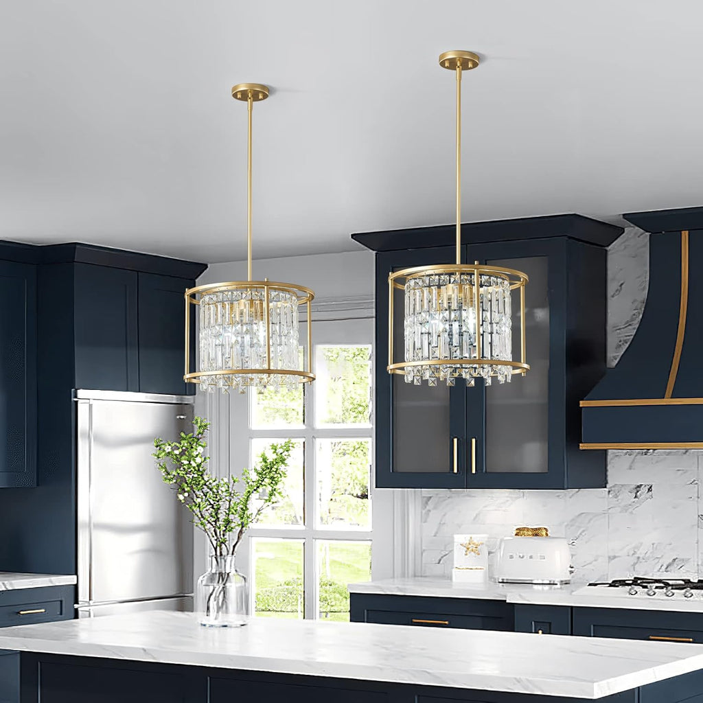 LMQNINE Modern Foyer Chandelier, Gold Crystal Chandelier Entryway Pendant Light Fixture, Round Adjustable Height Chandeliers for Kitchen Island, L15.74'' x H10.43''