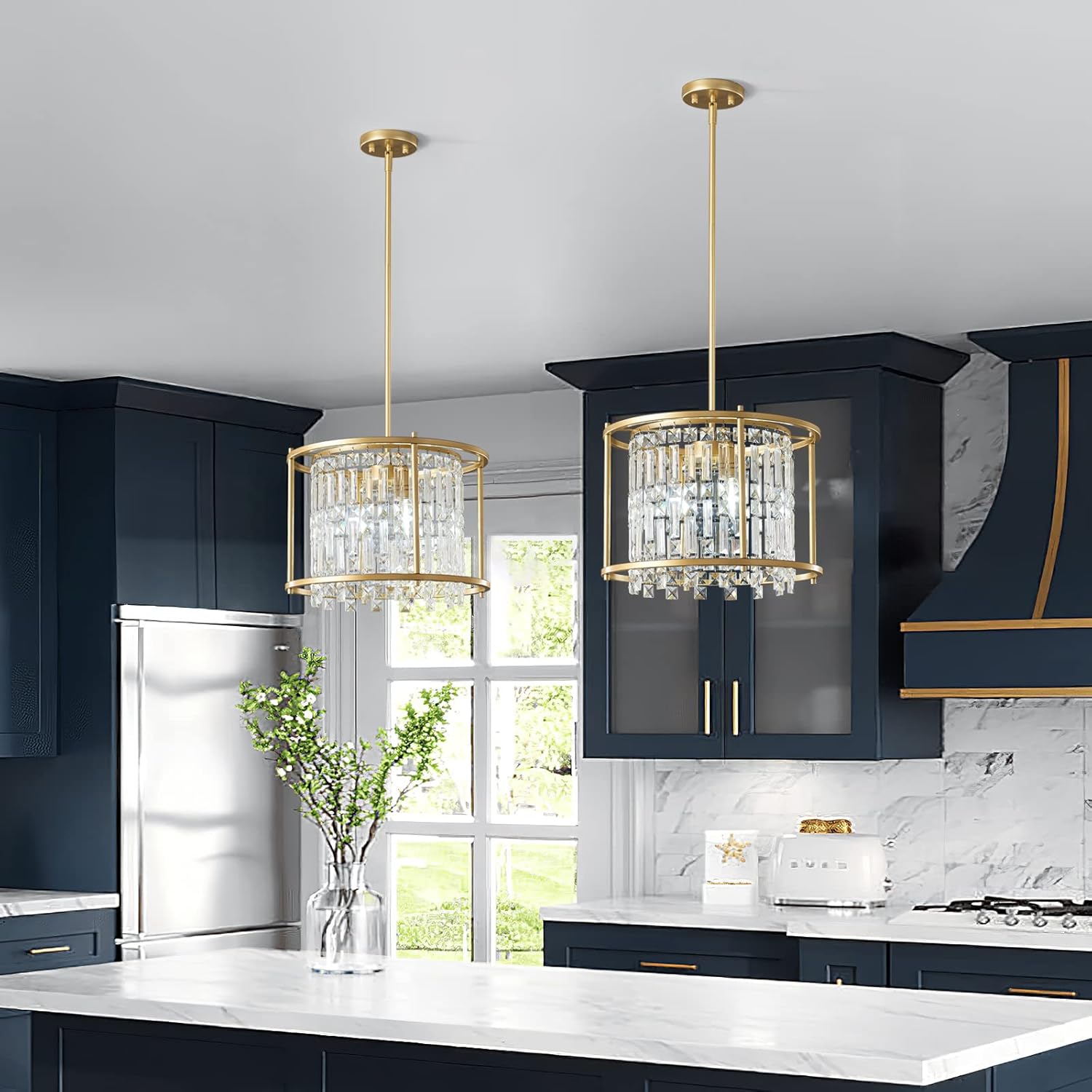 LMQNINE Modern Foyer Chandelier, Gold Crystal Chandelier Entryway Pendant Light Fixture, Round Adjustable Height Chandeliers for Kitchen Island, L15.74'' x H10.43''