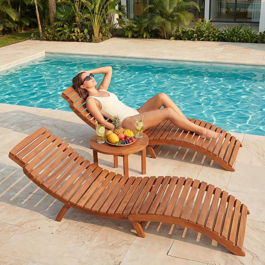 Flamaker Lounge Chairs for Outside Folding Acacia Wood Chaise Lounge with Side Handle Sun Lounger for Poolside, Lawn, Backyard (2 Piece)