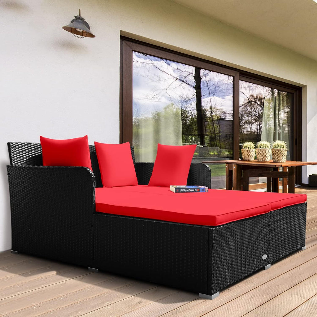 RELAX4LIFE Rattan Patio Outdoor Daybed, Wicker 2-Person Sunbed Loveseat with Soft Cushions, 4 Pillows, Curved Backrest & Armrest, Double Bed Lounger Sofa Set for Balcony Porch, Patio Bed (Red)