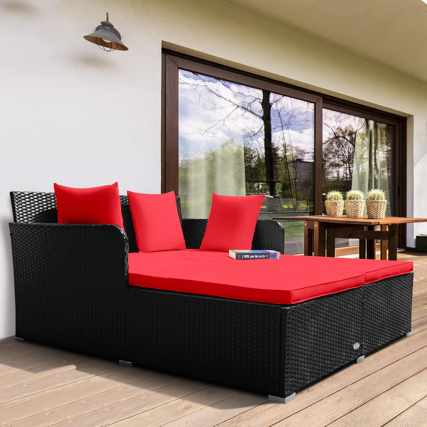 RELAX4LIFE Rattan Patio Outdoor Daybed, Wicker 2-Person Sunbed Loveseat with Soft Cushions, 4 Pillows, Curved Backrest & Armrest, Double Bed Lounger Sofa Set for Balcony Porch, Patio Bed (Red)