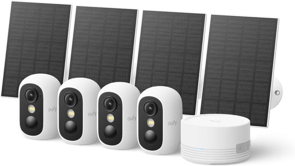 eufy Security eufyCam C35 4-Cam Kit with Solar Panel, Wireless Security Camera, Outdoor and Indoor, Magnetic Mount, Color Night Vision, Local Storage, No Monthly Fee, IP67, Build-in 8GB, White