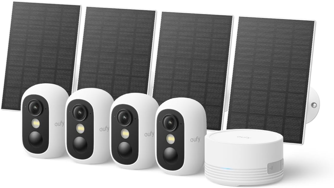 eufy Security eufyCam C35 4-Cam Kit with Solar Panel, Wireless Security Camera, Outdoor and Indoor, Magnetic Mount, Color Night Vision, Local Storage, No Monthly Fee, IP67, Build-in 8GB, White