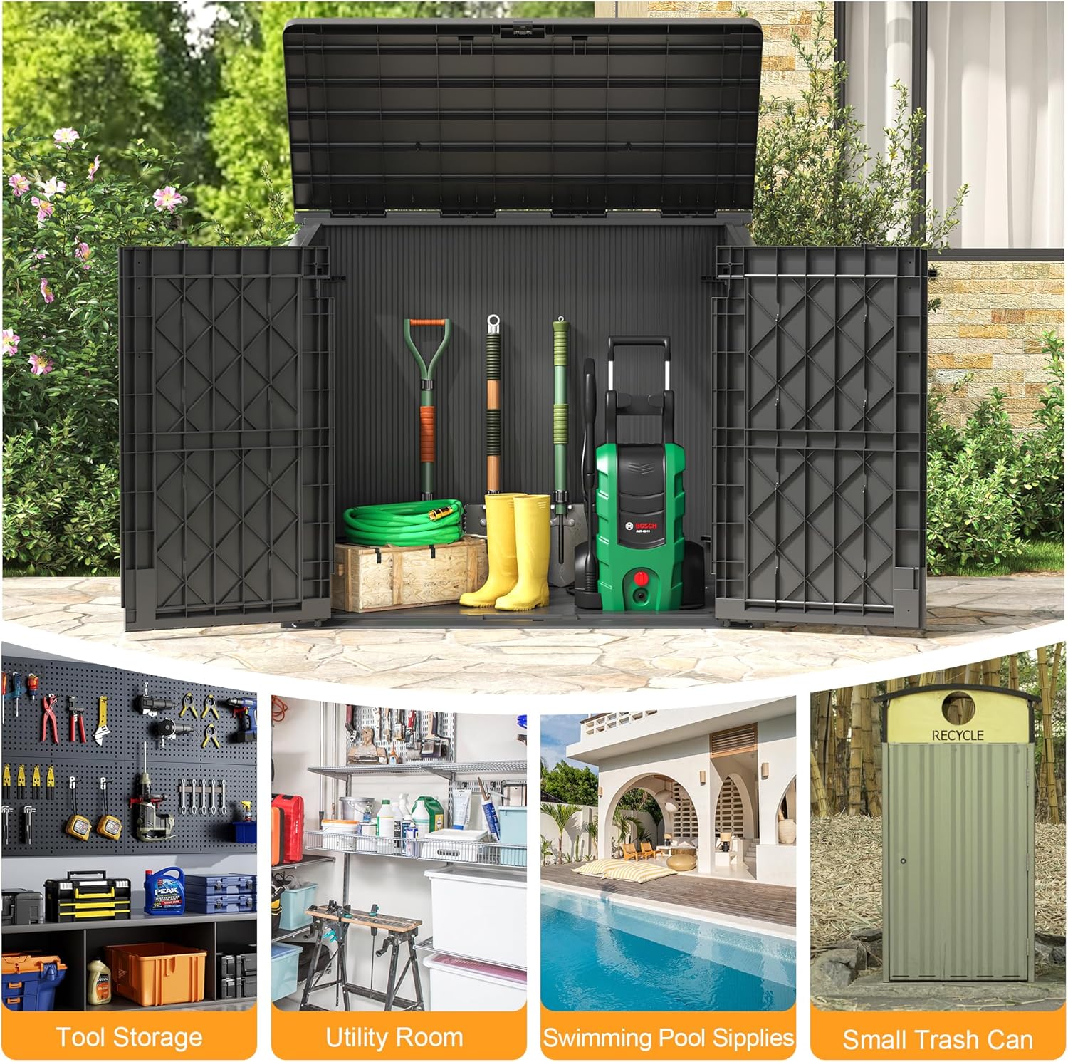 LHBcraft Outdoor Storage Cabinet 36 Cu Ft with Lockable Doors, Portable Horizontal Resin Storage Shed - Easy to Assemble, Waterproof Small Storage Shed with Floor Black