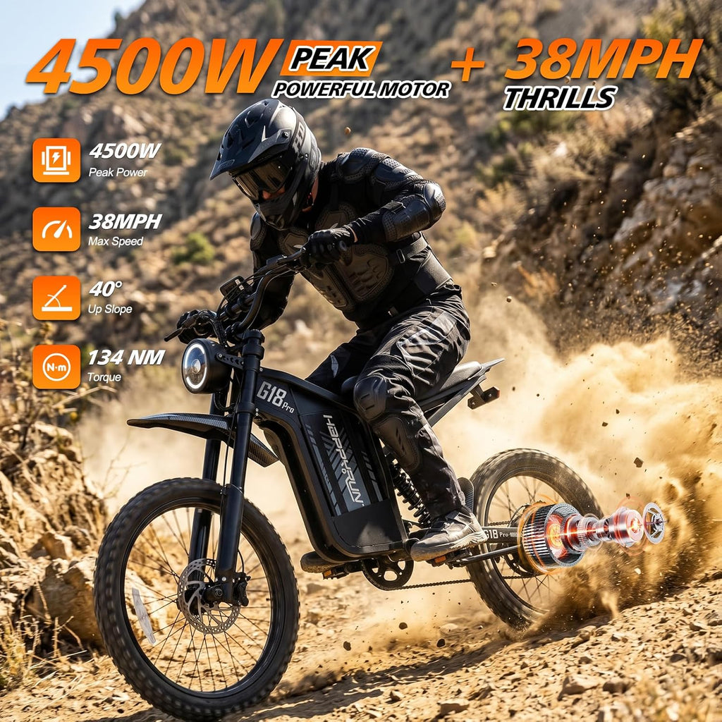 HAPPYRUN G18pro Electric Dirt Bike for Adults – 4500W Peak Motor, 60V 35Ah Battery, 38 mph Top Speed, 75 Mile Range, 5-Level Speed Control, Full Suspension, Hydraulic Brakes, 19″/17″ Off-Road Tires