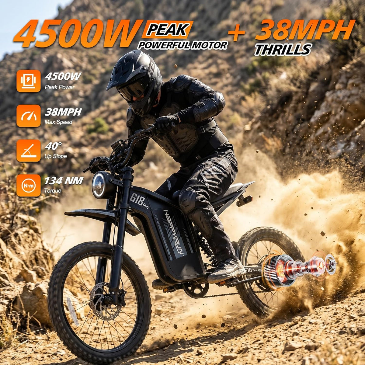 HAPPYRUN G18pro Electric Dirt Bike for Adults – 4500W Peak Motor, 60V 35Ah Battery, 38 mph Top Speed, 75 Mile Range, 5-Level Speed Control, Full Suspension, Hydraulic Brakes, 19″/17″ Off-Road Tires