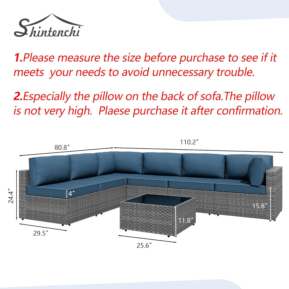Shintenchi 7 Pieces Outdoor Patio Furniture Sets, Patio Sectional Sofa Couch, Gray PE Wicker Furniture Modular Patio Conversation Sets Patio Sofa with Washable Cushions, Aegean Blue