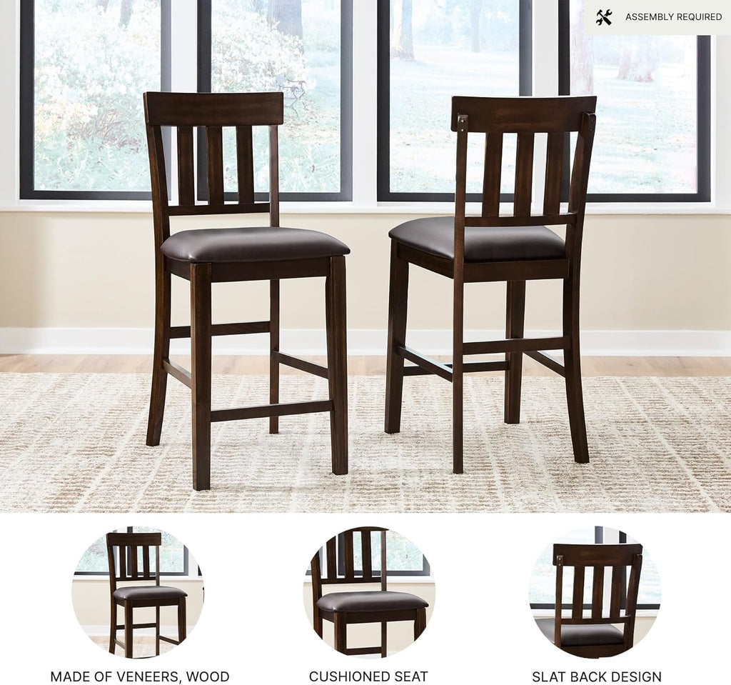 Signature Design by Ashley Haddigan Upholstered Barstool, 2 Count, Slat Back Design, Cushioned Seat, Wood, 25.5" H, Dark Brown