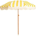 7FT Boho Fringe Patio Umbrella - Outdoor Garden Parasol for Beach Deck - Yellow and White Stripes - Stylish Vintage Tassels - Push Button Tilt