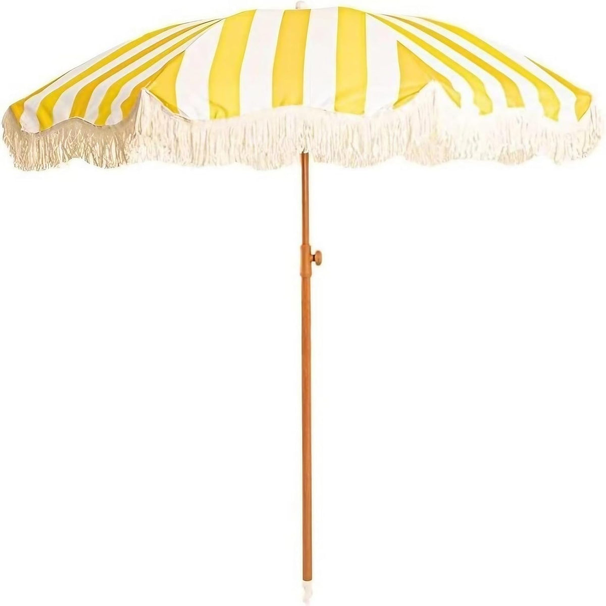 7FT Boho Fringe Patio Umbrella - Outdoor Garden Parasol for Beach Deck - Yellow and White Stripes - Stylish Vintage Tassels - Push Button Tilt