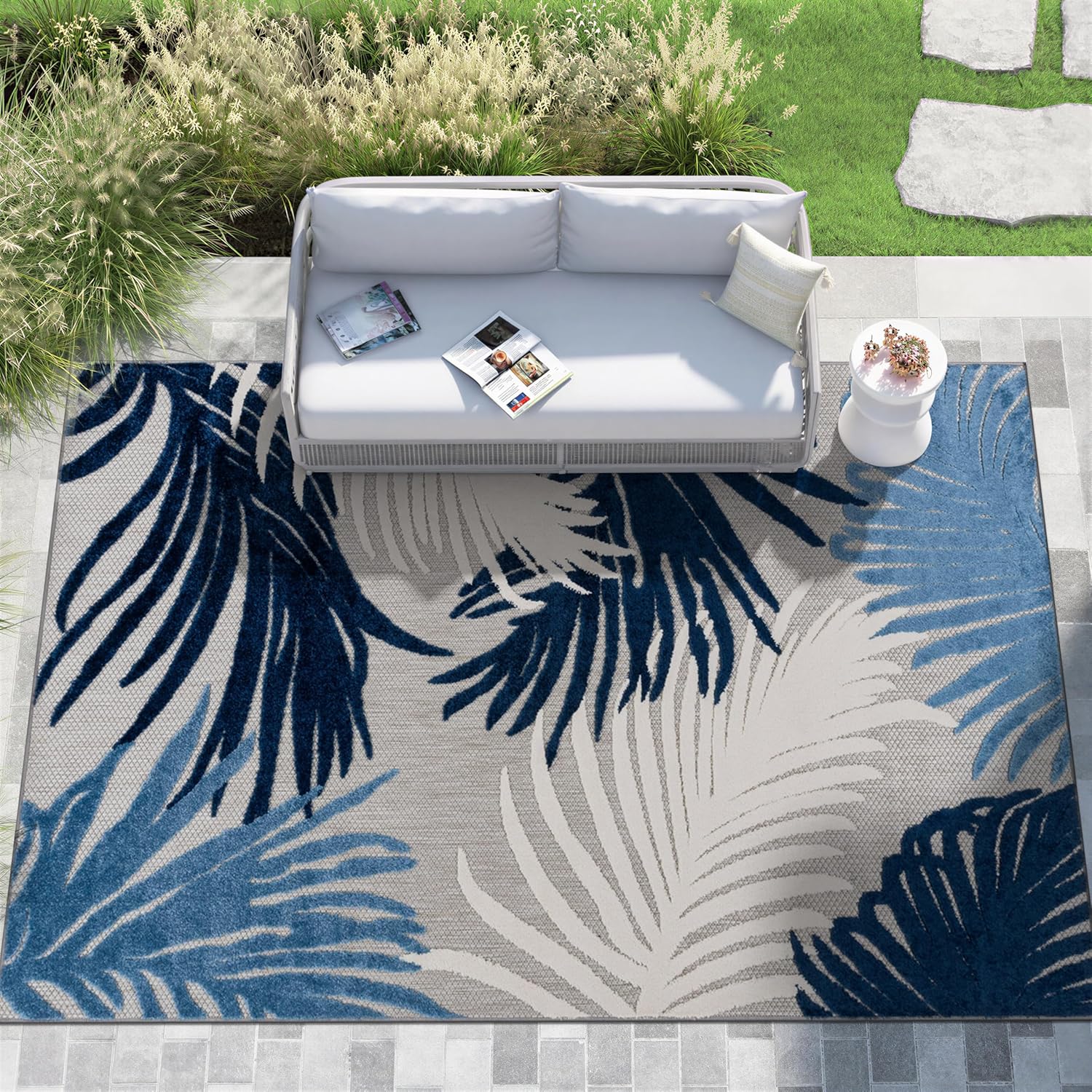 Rugshop Navy Lucca Contemporary Floral Indoor/Outdoor Area Rug Durable Polypropylene, Weather Resistant, Easy to Clean Perfect for Patio, Backyard, Deck and Outdoor Lounge 7'10" x 10'