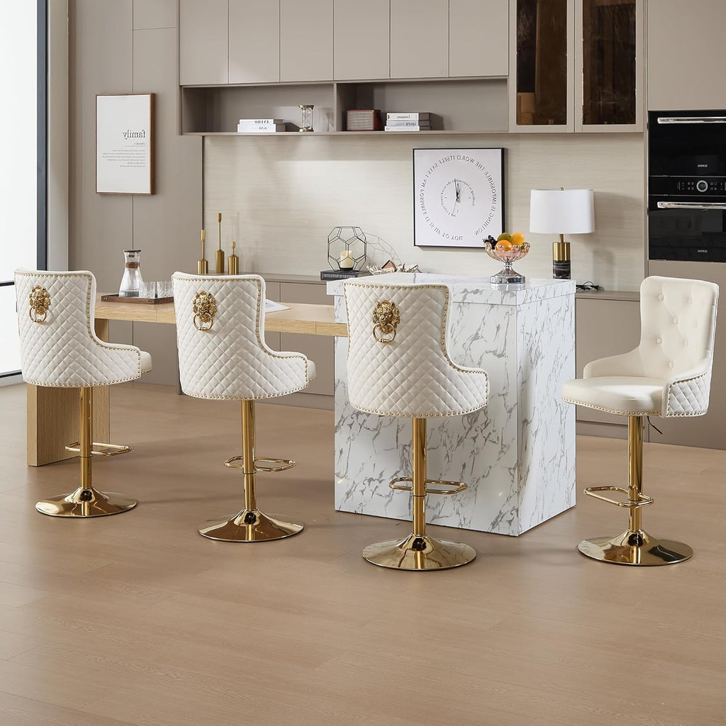 Gold Bar Stools Set of 4, Modern Swivel Barstools with Lion Pull Ring, Height Adjustable Velvet Island Chairs Upholstered Bar Height Chairs for Kitchen Counter, Dining Room, Cream