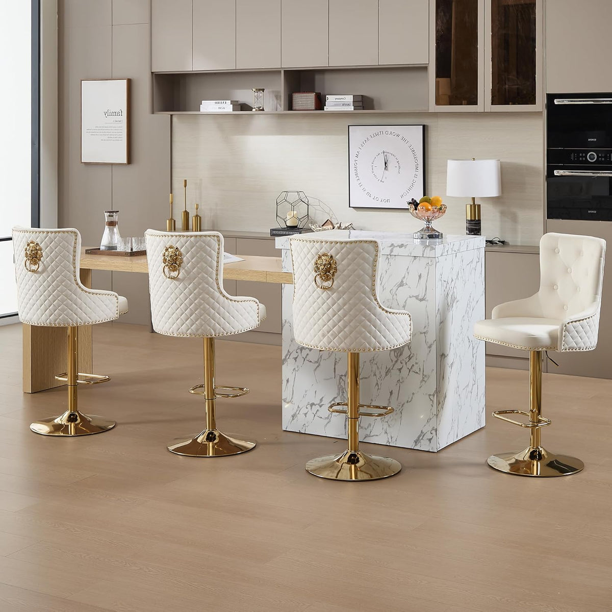 Gold Bar Stools Set of 4, Modern Swivel Barstools with Lion Pull Ring, Height Adjustable Velvet Island Chairs Upholstered Bar Height Chairs for Kitchen Counter, Dining Room, Cream