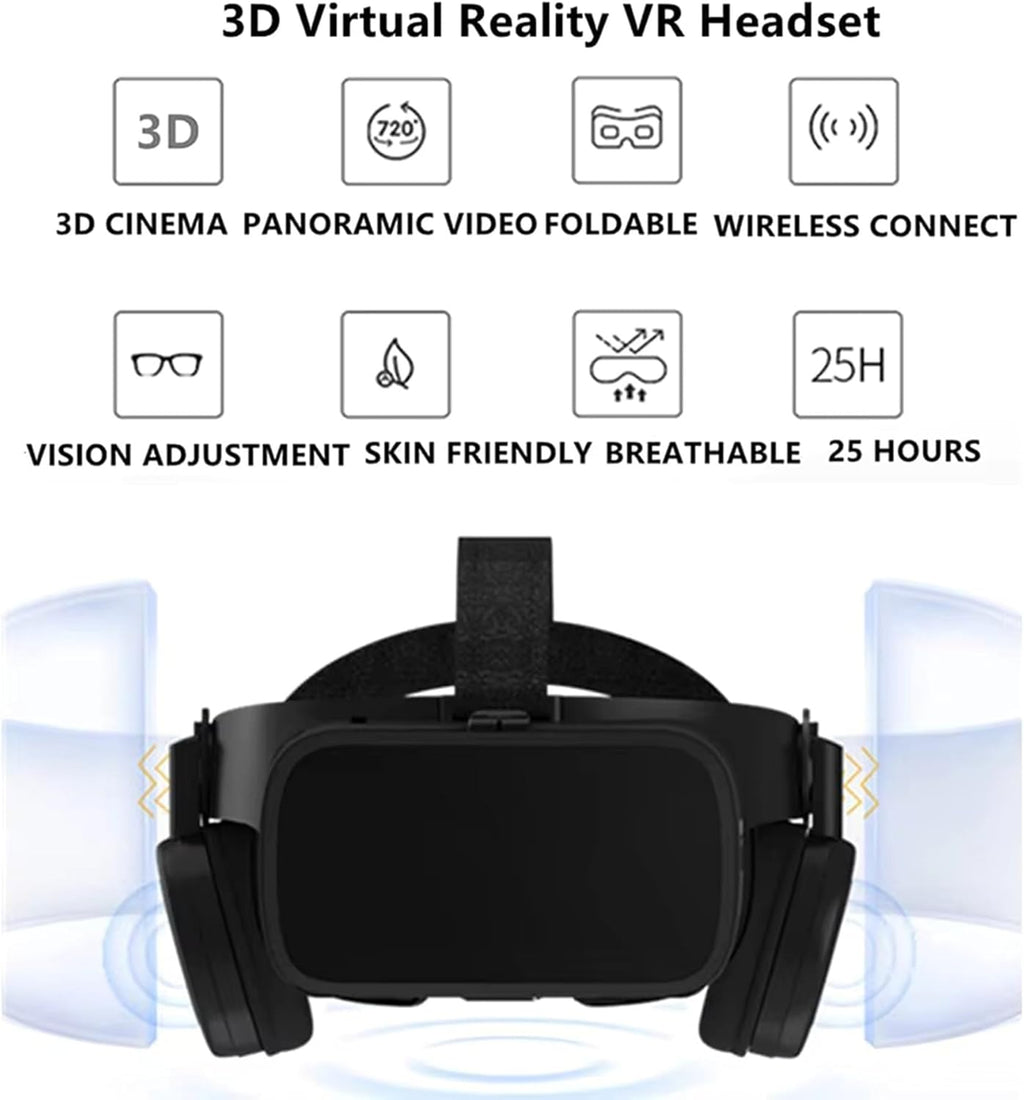 3D Virtual Reality Headset for Adults and Kids 3D VR Games Movies Play, Wireless VR Glasses for iPhone and Android Phones, Foldable VR Goggles with Bluetooth Headphones, Black