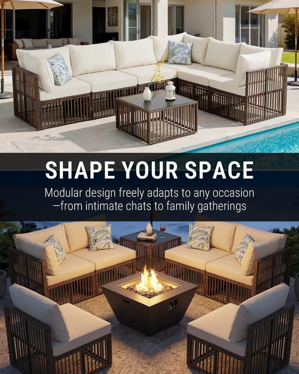 7-Piece Outdoor Patio Furniture Set, Modern PE Rattan Sectional Sofa with Adjustable Chaise Lounge, Modular All-Weather Wicker Conversation Set for Backyard, Poolside, Porch (Brown-Beige)