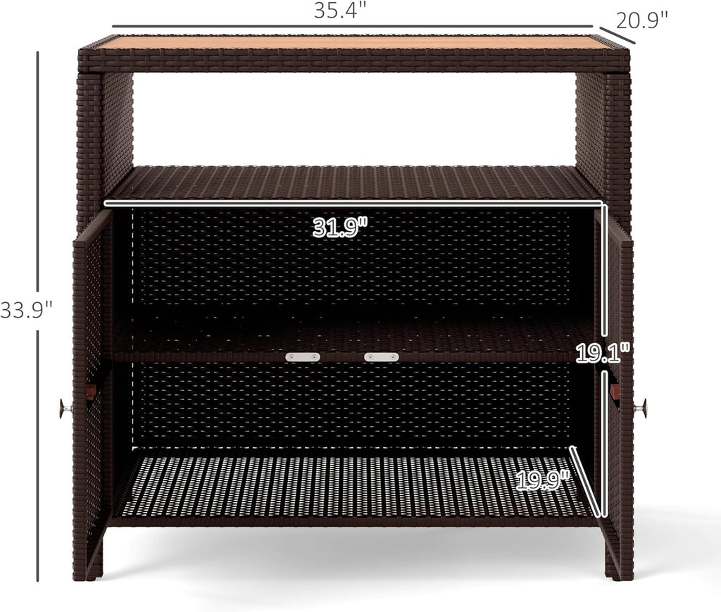 Outsunny Wicker Outdoor Storage Cabinet, Rattan Bar Table with Acacia Wood Countertop, 2 Doors and Shelf, Buffet Cabinet Sideboard for Poolside, Garden, Patio, Backyard, Brown
