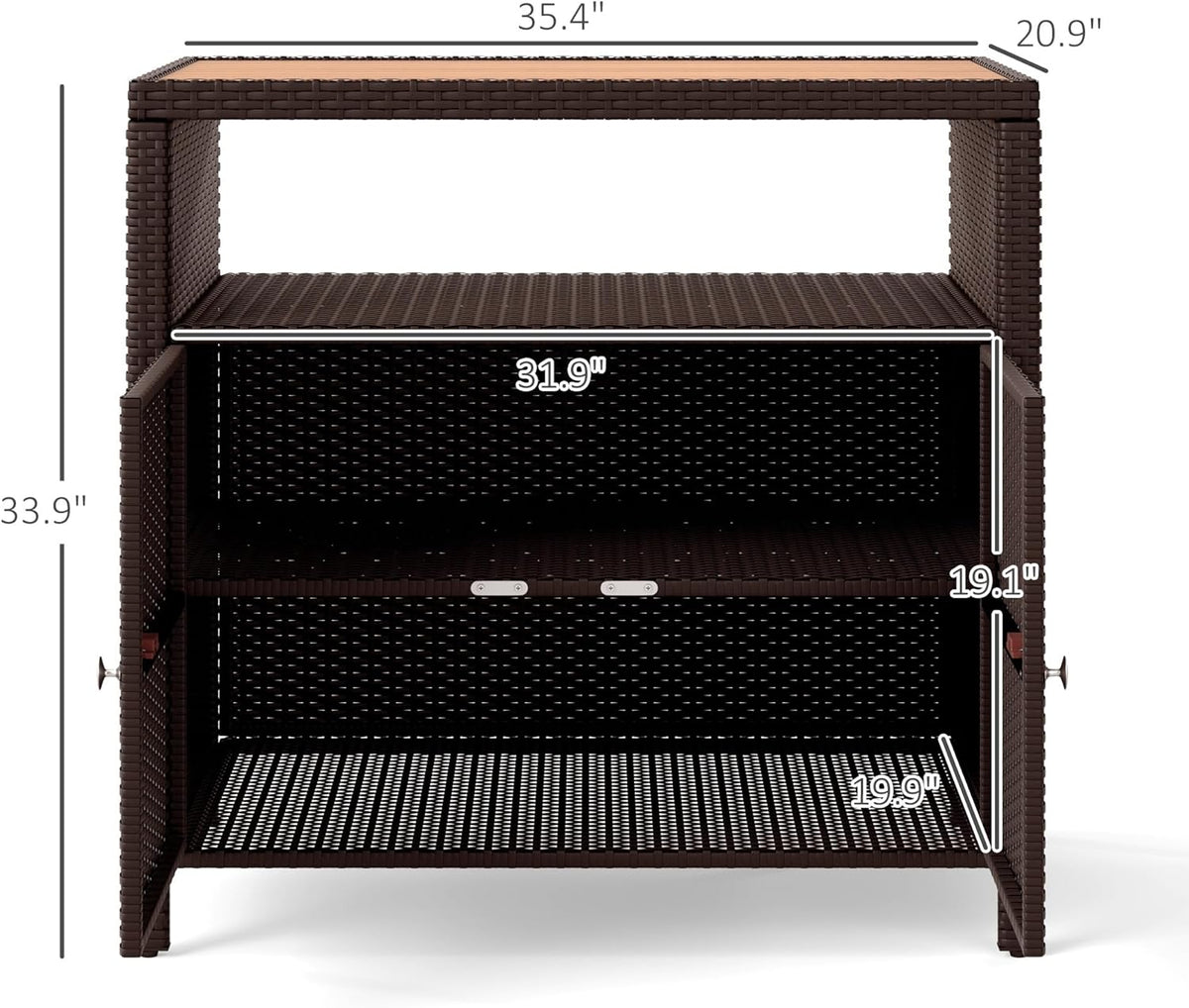 Outsunny Wicker Outdoor Storage Cabinet, Rattan Bar Table with Acacia Wood Countertop, 2 Doors and Shelf, Buffet Cabinet Sideboard for Poolside, Garden, Patio, Backyard, Brown