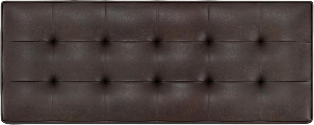 SIMPLIHOME Cosmopolitan Storage Ottoman Bench - 44 inch Wide Upholstered Vegan Leather Rectangle Storage Ottoman in Distressed Brown, Transitional Bench for Bedroom with Tufted Lift-Top and Open Shelf