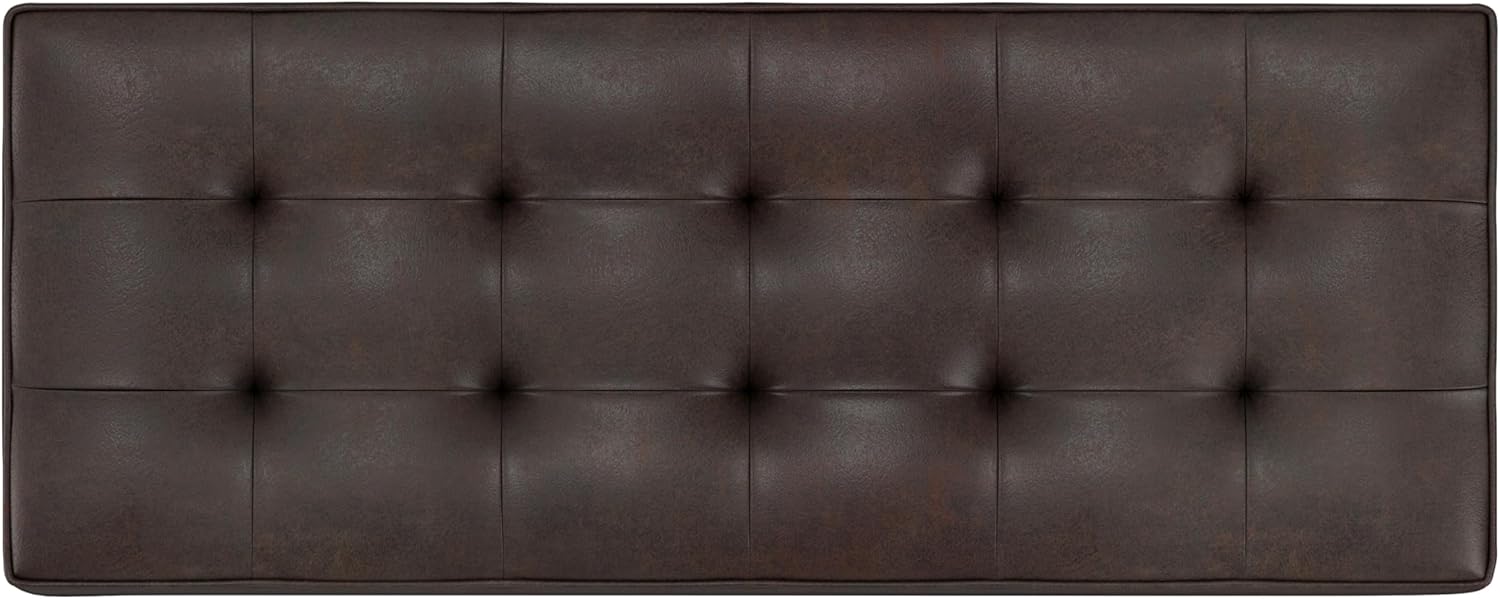 SIMPLIHOME Cosmopolitan Storage Ottoman Bench - 44 inch Wide Upholstered Vegan Leather Rectangle Storage Ottoman in Distressed Brown, Transitional Bench for Bedroom with Tufted Lift-Top and Open Shelf