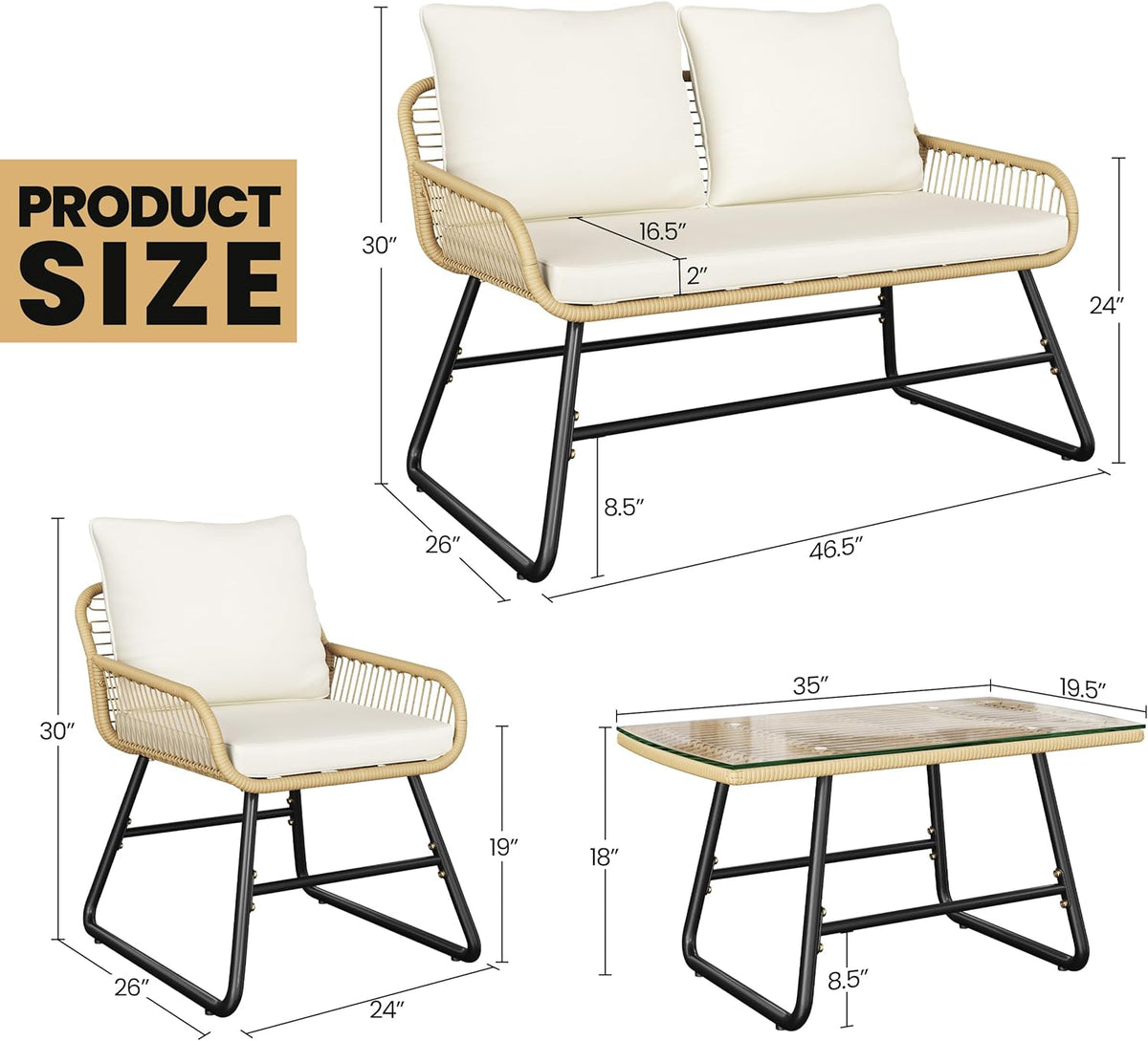 Yaheetech 4 Piece Patio Furniture Set, Outdoor Wicker Conversation Sets, Boho Loveseat & 2 Armchairs with Cushion and Pillow, Glass Top Table for Backyard, Porch, Balcony, Deck - Tan/Cream