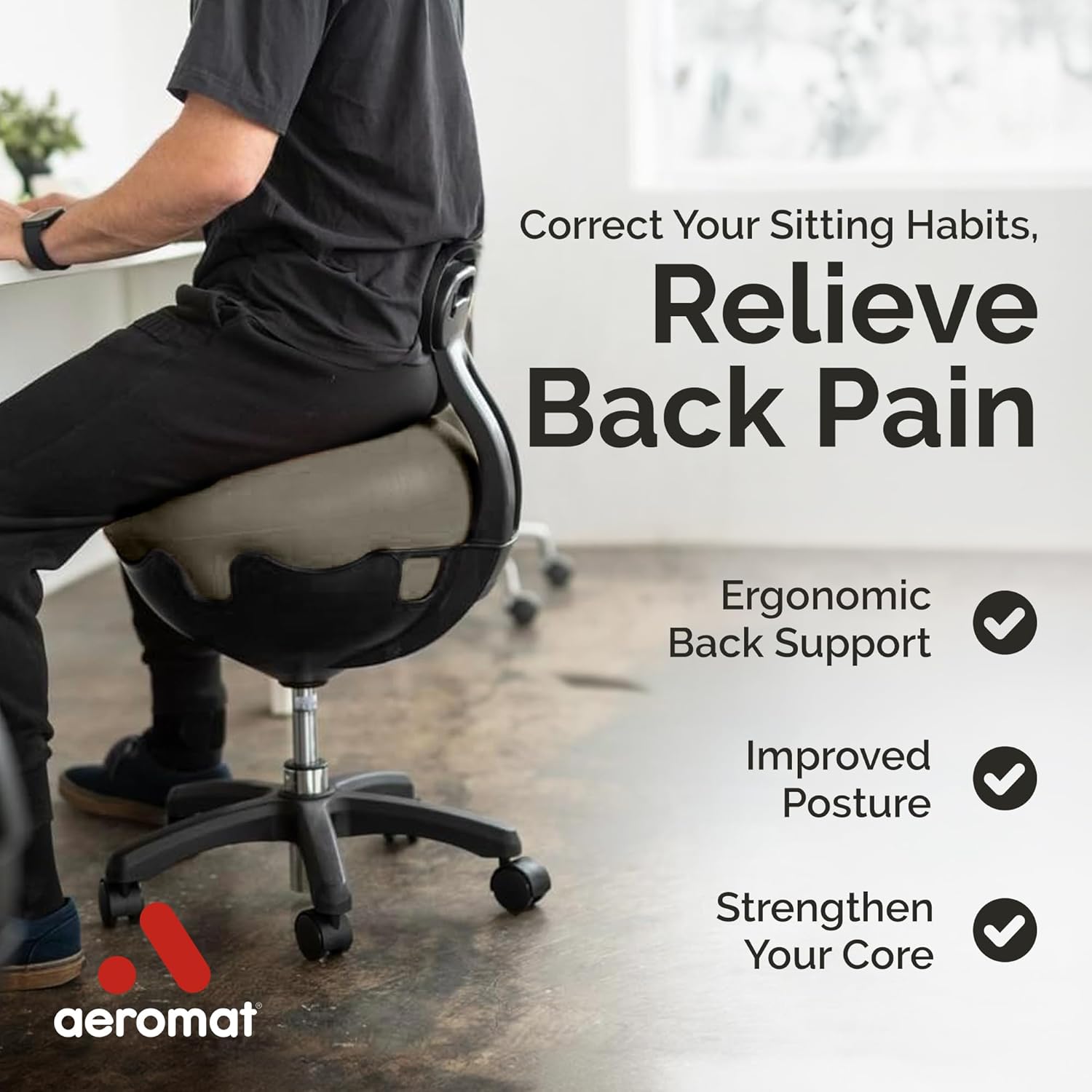 Aeromat Elite Yoga Ball Chair for Office & Home 250lbs Cap – Ergonomic Balance Ball Desk Chair w/Lockable Wheels,Adjustable Height, Anti-Burst Removable Ball, Back Support for Posture & Core Relief