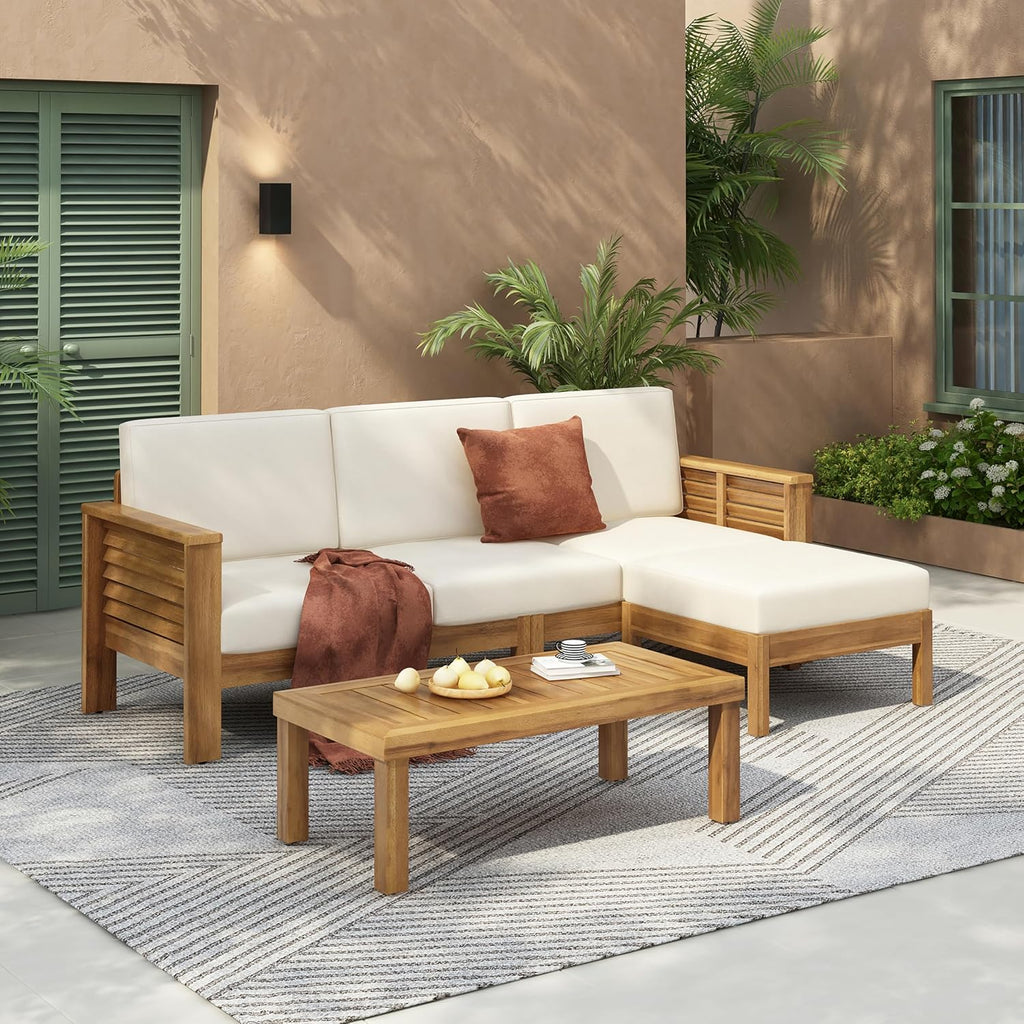 Christopher Knight Home Havets 3 Pieces Outdoor Acacia Furniture Set, Slat Panel Couch, Spacious Seating Armchair, 6" Thick Cushions Sofa and Coffee Table Set for Backyard Garden Balcony, Teak+Beige