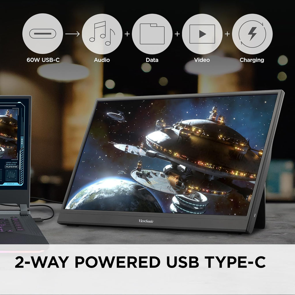 ViewSonic VX1654 16 Inch 1080p Portable IPS Gaming Monitor with 144Hz, AMD FreeSync, 2 Way Powered 60W USB C, Mini HDMI, and Built-in Stand with Protective Cover (Renewed)