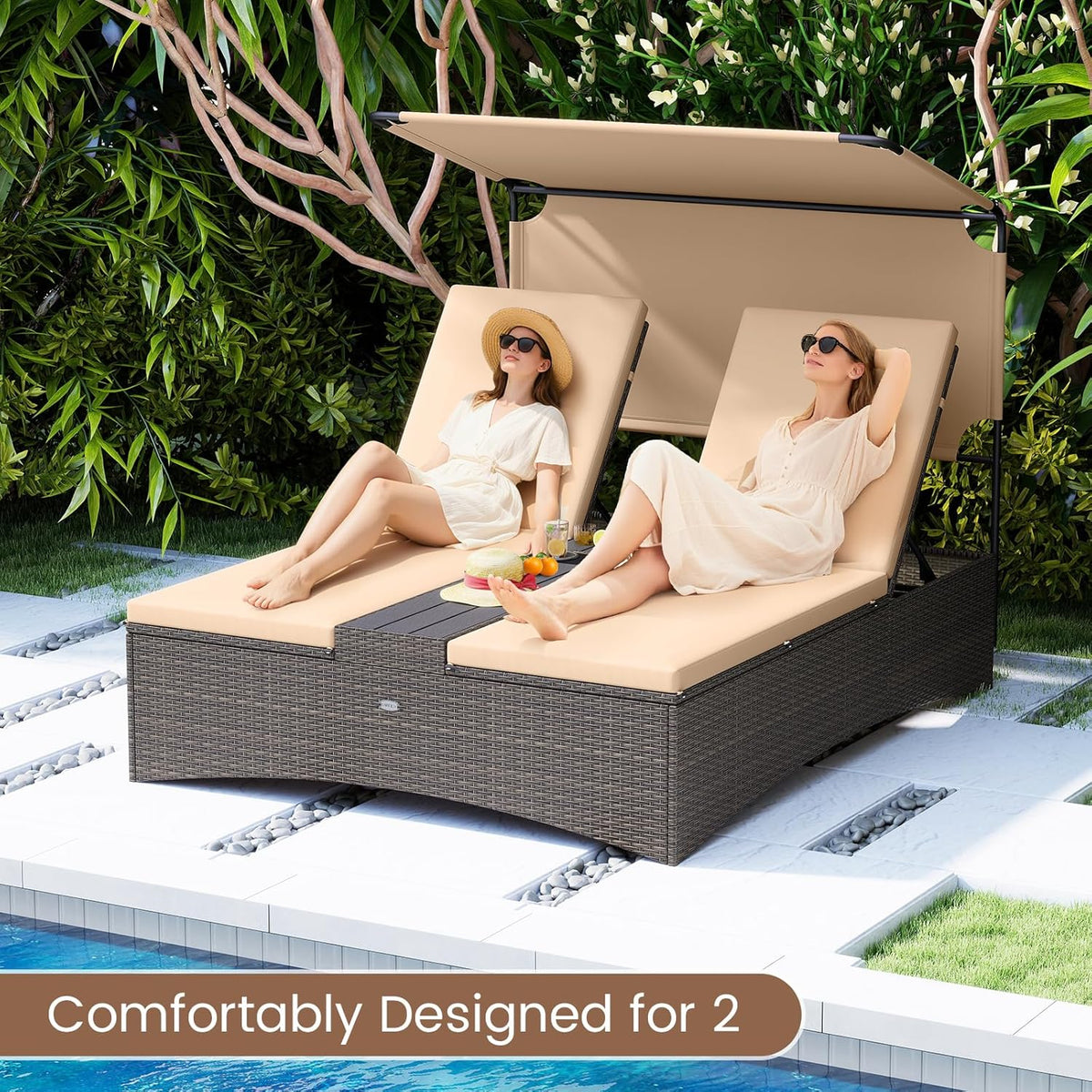 Tangkula Outdoor Rattan Daybed with Canopy & 4-Level Adjustable Backrests, 2-Person Wicker Patio Day Bed with Cushions, Table & Cup Holders, Double Sunbed Lounger for Balcony, Backyard & Poolside