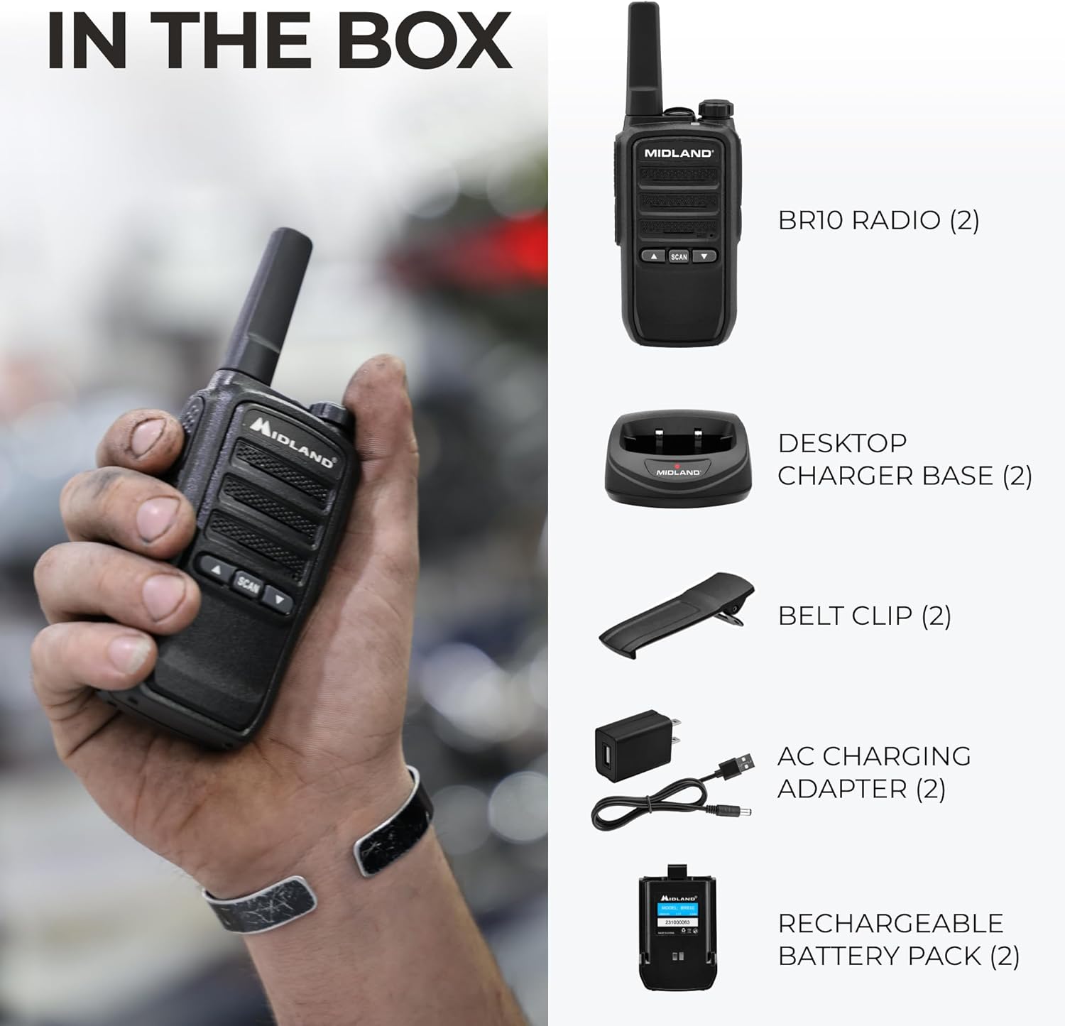 Midland BR10 Heavy-Duty Business Walkie Talkies – 2-Watt Long Range Two-Way Radios, FRS License-Free, Rechargeable Battery, Portable Handhelds for Job Sites & Manufacturing (2-Pack)