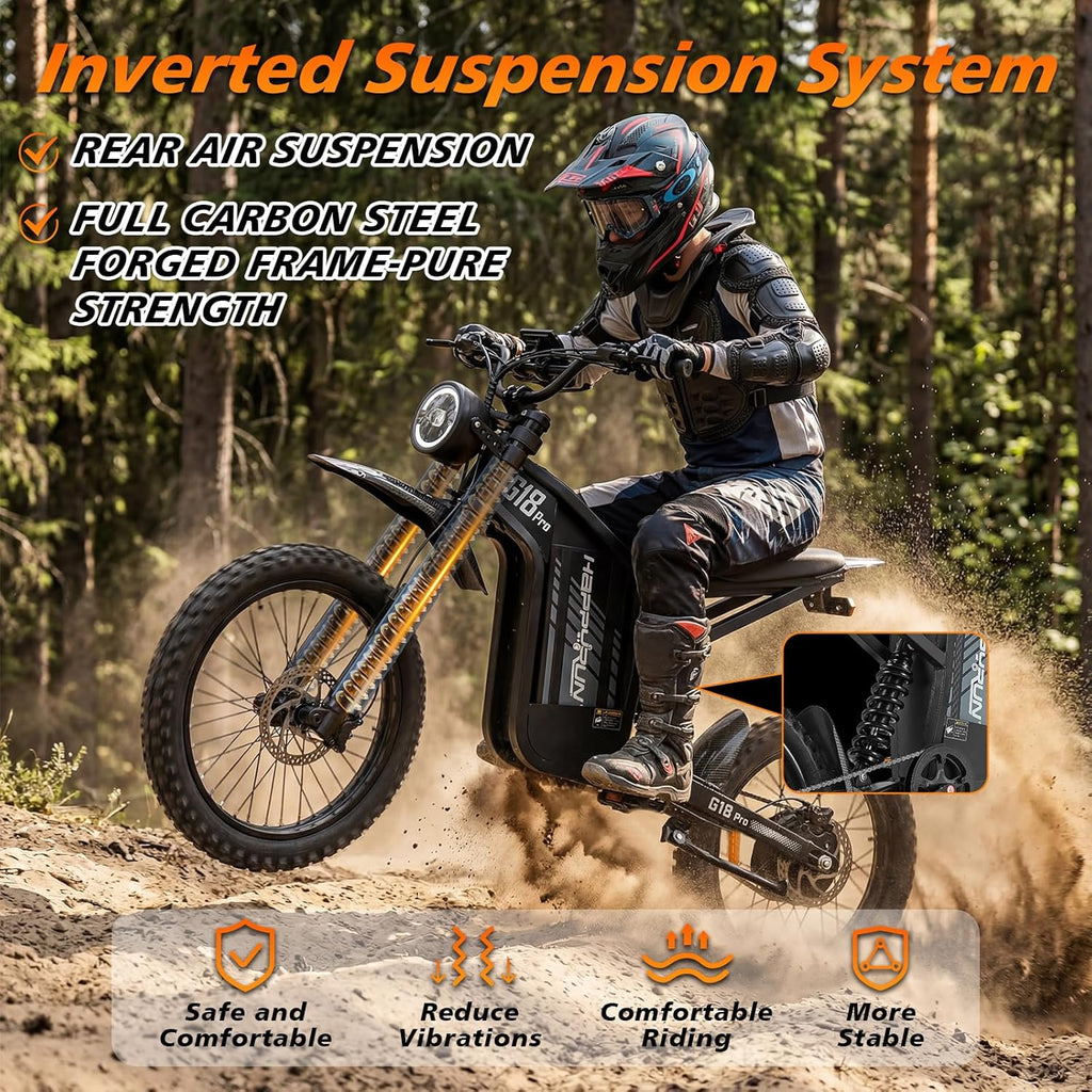 HAPPYRUN G18pro Electric Dirt Bike for Adults – 4500W Peak Motor, 60V 35Ah Battery, 38 mph Top Speed, 75 Mile Range, 5-Level Speed Control, Full Suspension, Hydraulic Brakes, 19″/17″ Off-Road Tires