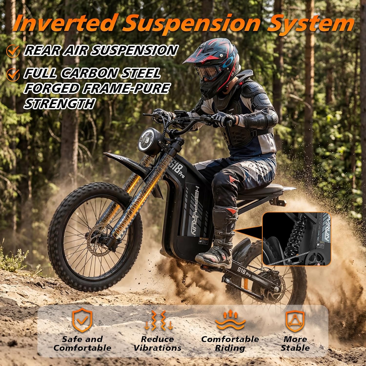 HAPPYRUN G18pro Electric Dirt Bike for Adults – 4500W Peak Motor, 60V 35Ah Battery, 38 mph Top Speed, 75 Mile Range, 5-Level Speed Control, Full Suspension, Hydraulic Brakes, 19″/17″ Off-Road Tires