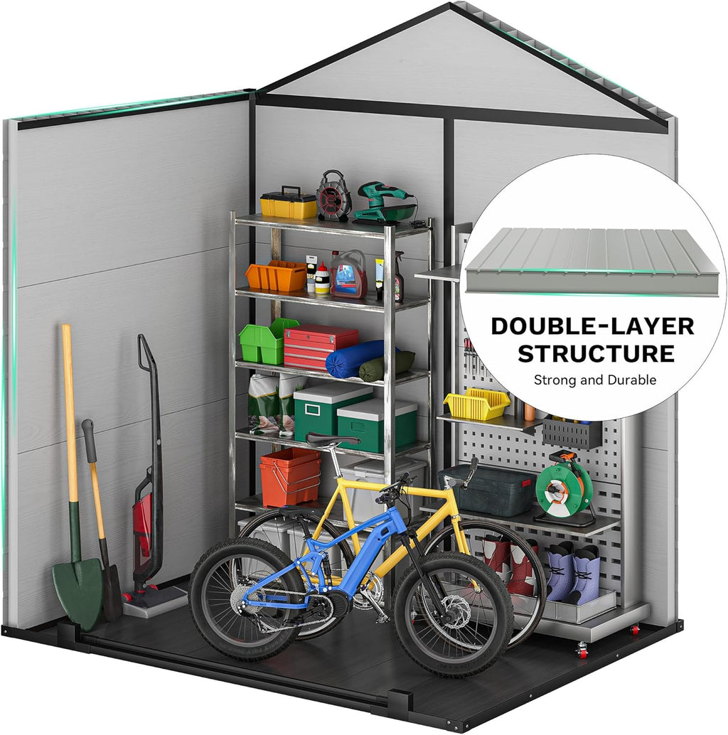 DWVO 6x4.4 FT Outdoor Storage Shed, Plastic Garden Tool Shed with 2 Windows, Double-Wall Outside Shed for Lawn Mower, Garden Shed for Backyard, Patio, Lawn