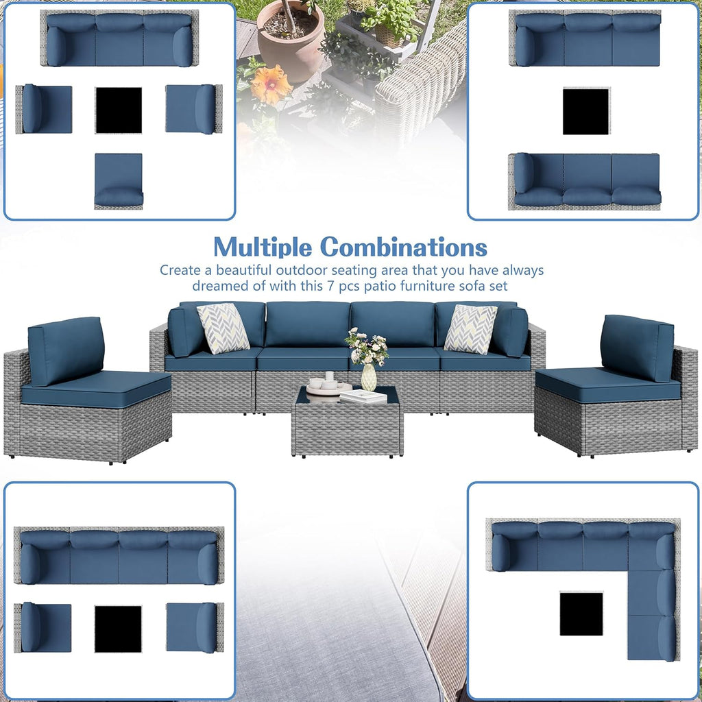 Shintenchi 7 Pieces Outdoor Patio Furniture Sets, Patio Sectional Sofa Couch, Gray PE Wicker Furniture Modular Patio Conversation Sets Patio Sofa with Washable Cushions, Aegean Blue