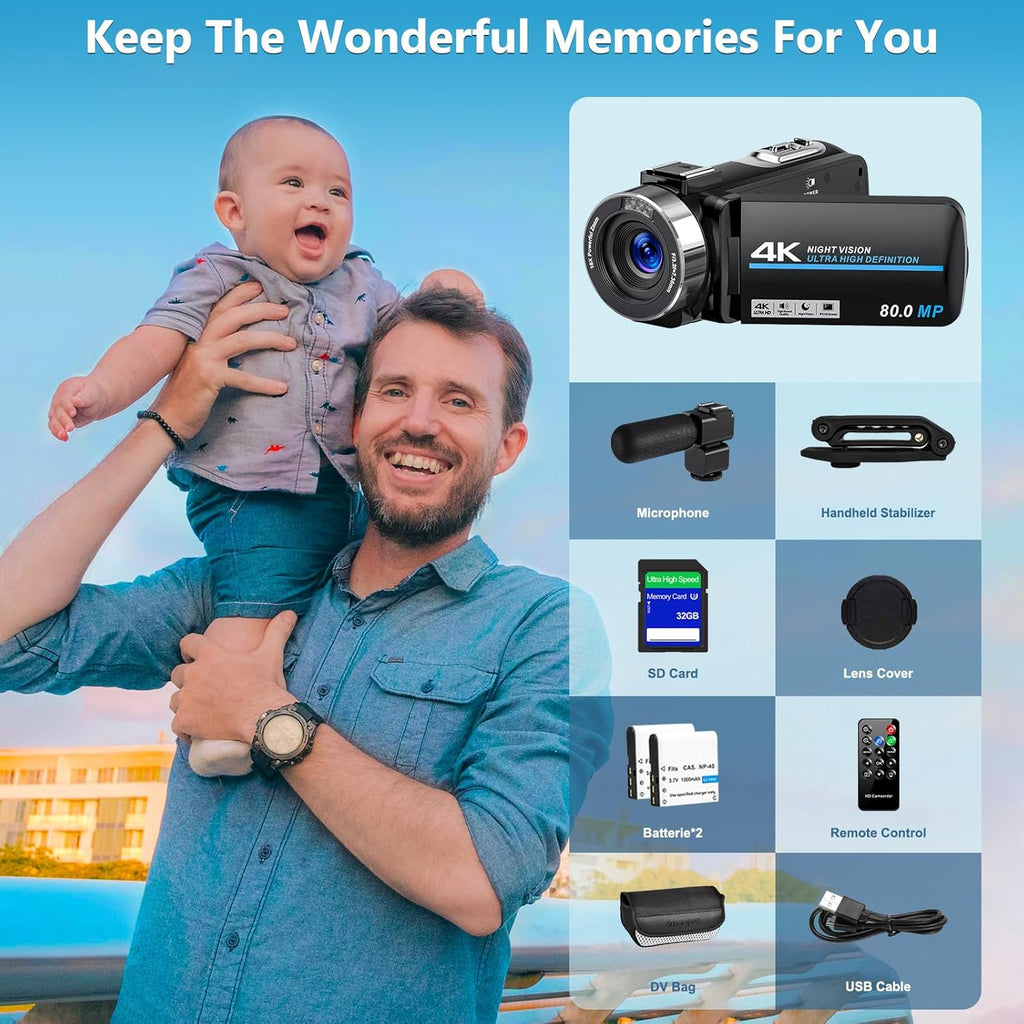 4K Camcorder Video Camera HD 80MP 30FPS Vlogging Camera for YouTube IR Night Vision Camera 18X Digital Zoom 3.0 IPS Screen Video Recorder with 32GB SD Card, 2 Batteries, Remote Control, and Stabilizer