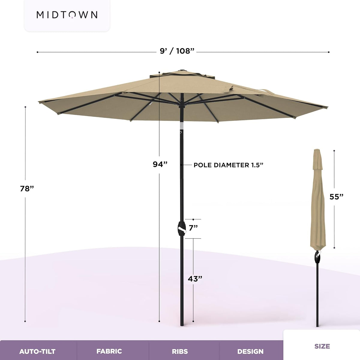 Midtown Umbrellas – The Lean 9 Ft Patio Umbrella with 10-Year-No-Fade Acrylast Acrylic Fabric, Auto-Tilt and 8 Reinforced Ribs for Deck, Pool, Garden, Hotel & Cafes – Sahara Canopy, Black Pole