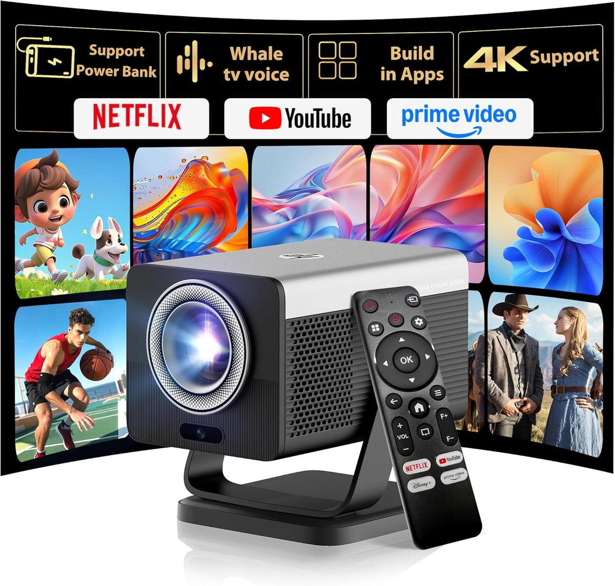 HP MC450 Smart Mini Portable Projector with WiFi & Bluetooth, Official Licensed Apps, Short Throw Projector with 4K Support, Voice Control, USB-C, Movie Projector for Bedroom & Outdoor
