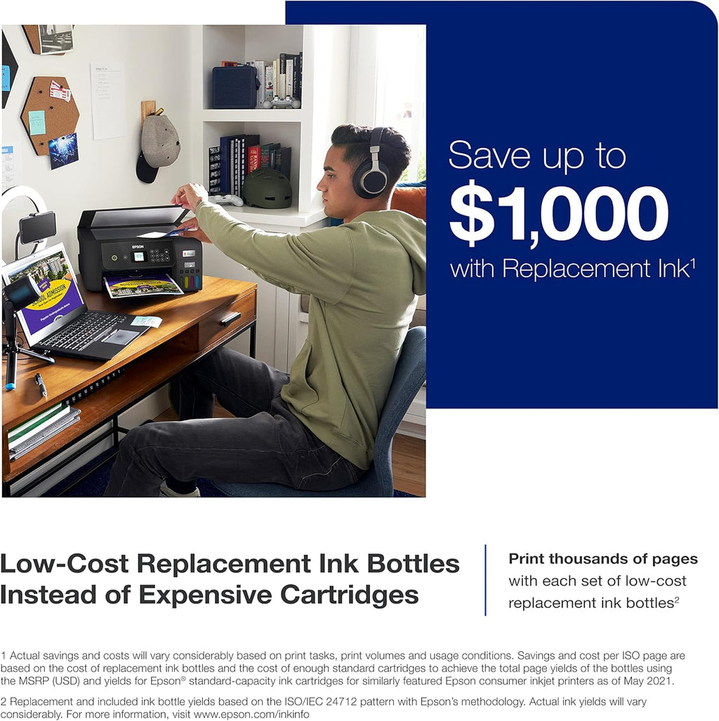 Epson EcoTank ET-2800 Wireless Color All-in-One Cartridge-Free Supertank Printer, Black, Medium & T522 EcoTank Ink Ultra-high Capacity Bottle Black (T522120-S)