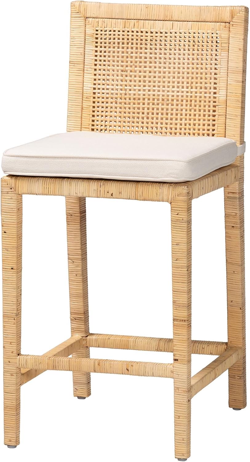 bali & pari Sofia Rattan Counter Stool with Mahogany Wood Frame - Handwoven Wicker Counter Chair with Removable Cushion, Light Honey