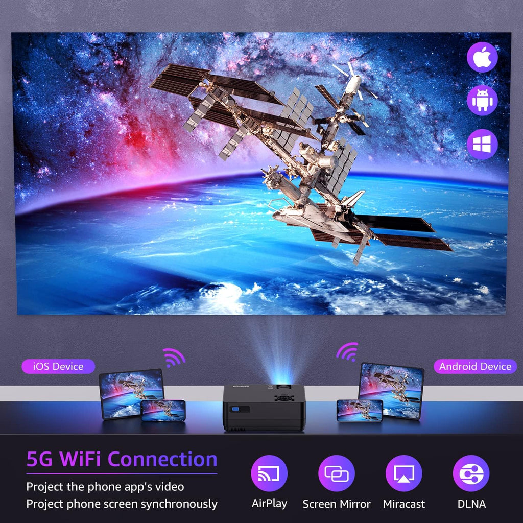 Projector with 5G WiFi and Bluetooth, Native 1080P ProjectorProjector Screen Included, Full HD 18000LM Movie Projector, 100" Display Home Theater, Compatible with Phone/Laptop/TV Stick