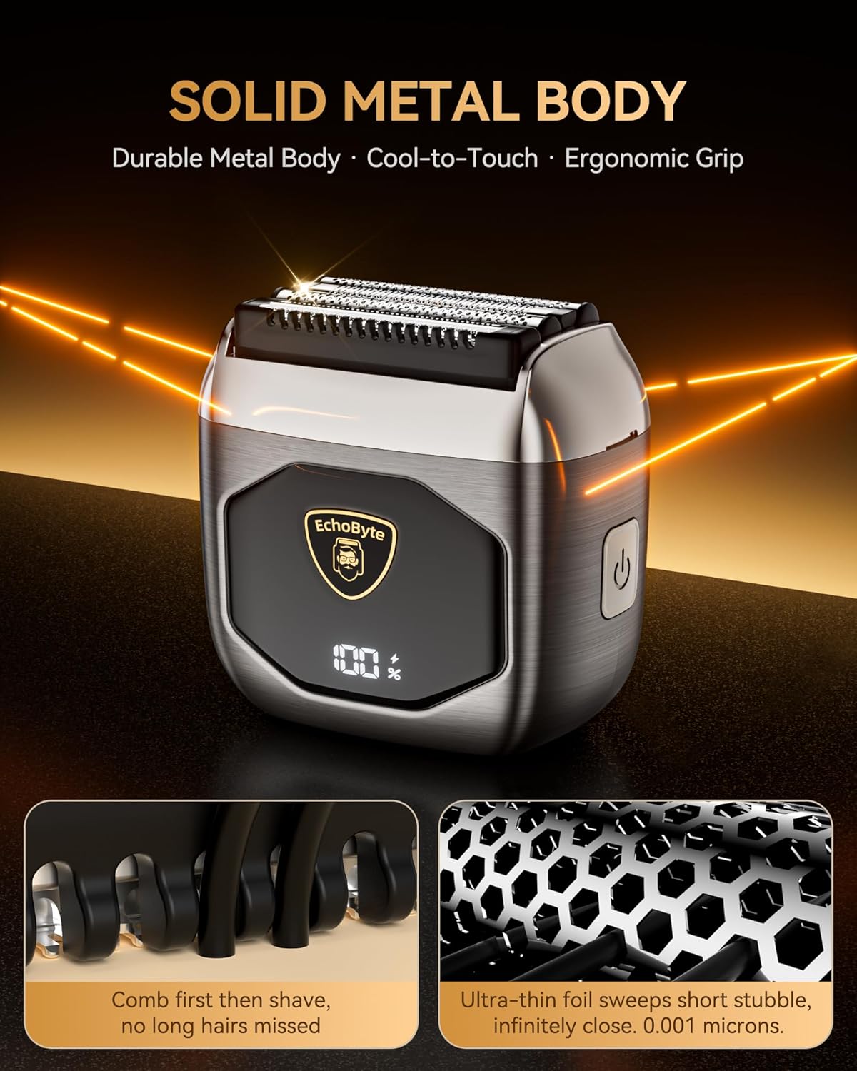 Full Metal Electric Foil Shaver for Men: 4 Floating Blades, IPX7 Waterproof Wet & Dry Mini Razor, 120-Min Runtime USB-C Rechargeable, Quiet Travel Groomer with LED Display & Travel Lock