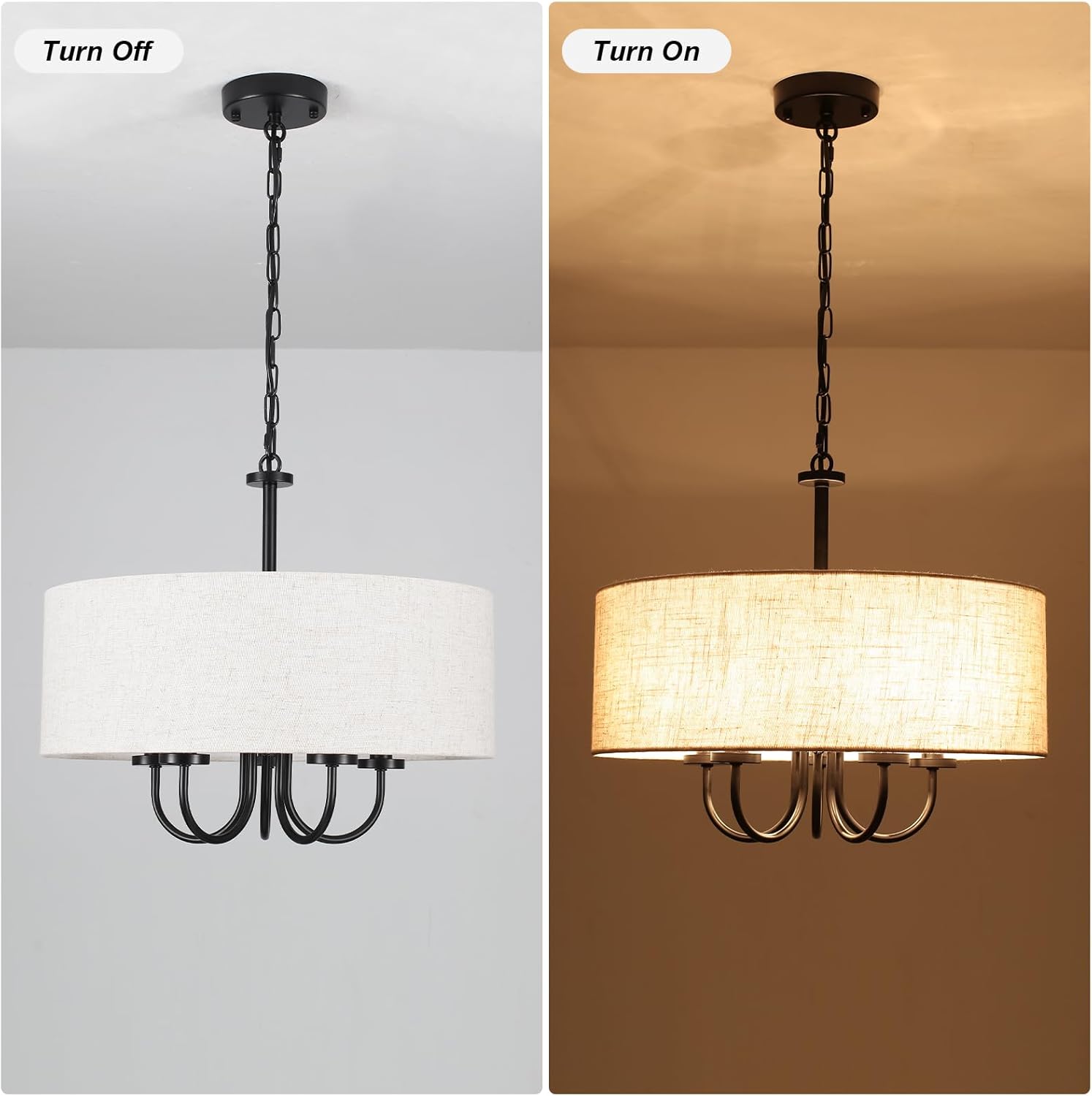 Drum Chandelier 5 Light 19" Dining Room Chandeliers Modern Black Farmhouse Chandelier White Linen Drum Shade Pendant Light Fixture for Living Room Bedroom Hallway