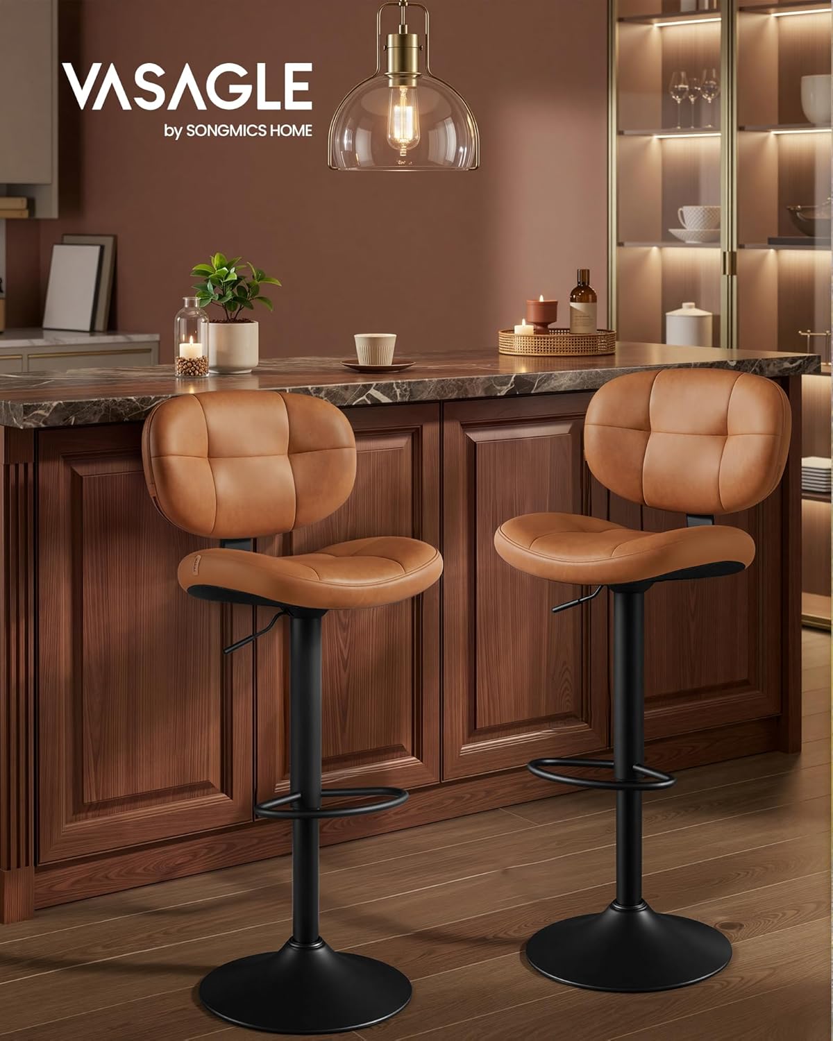 VASAGLE Bar Stools Set of 2, Height Adjustable Kitchen Barstools, Swivel Bar Chairs with Back and Footrest, Quilt PU Leather Surface, Dining Room, Counter, Steel, Caramel Brown ULJB150K101S
